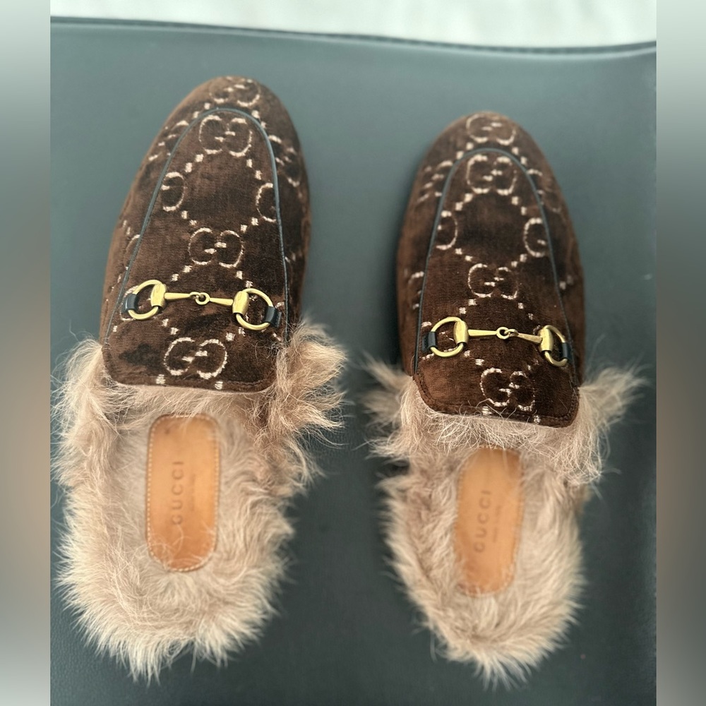 Gucci Princetown Fur-lined GG Velvet Slipper Size 38